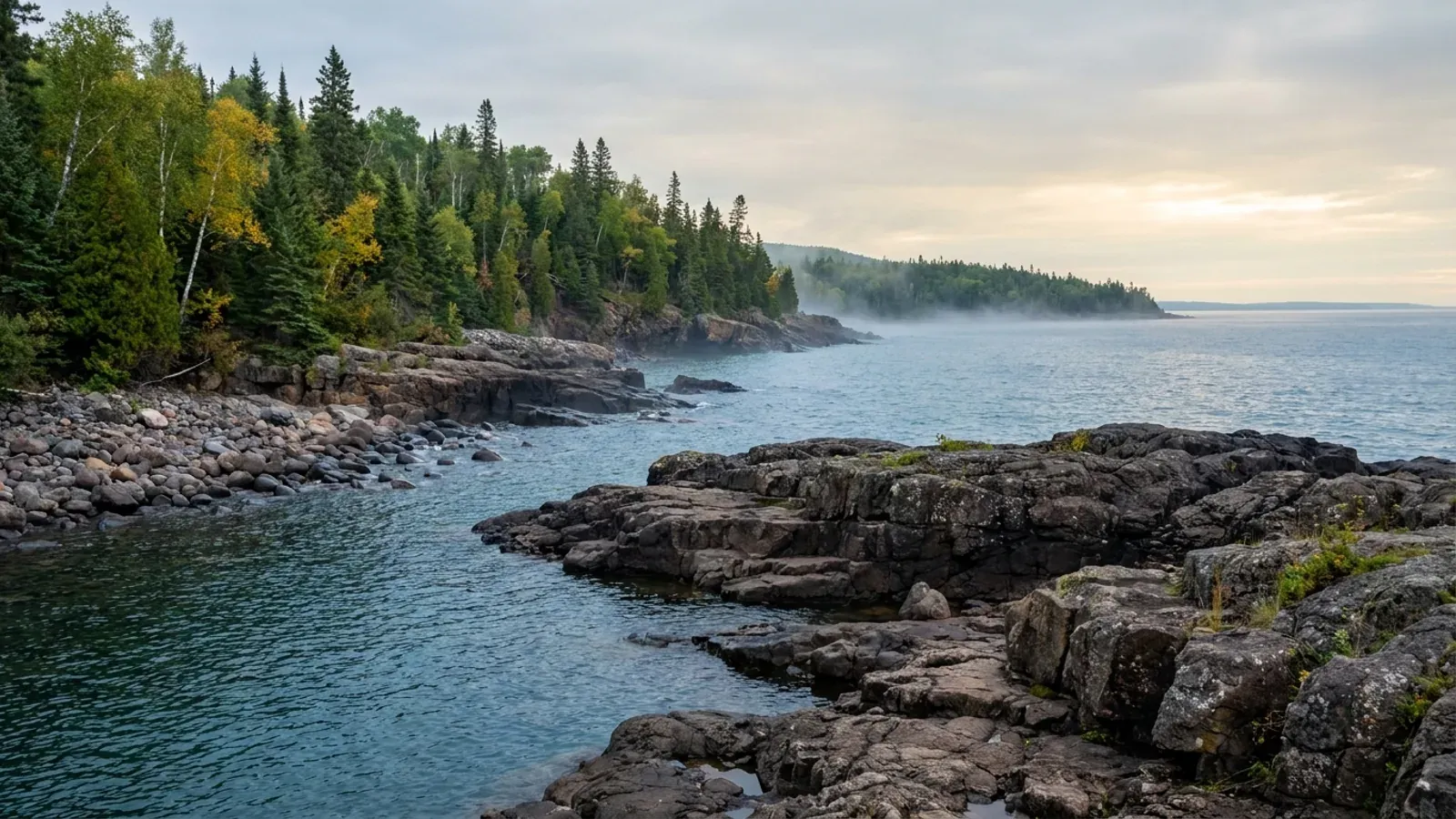 A rugged dark-rock shoreline on a vast cold lake in the Arrowhead, with dense spruce, fir and birch forest climbing the ridge above.