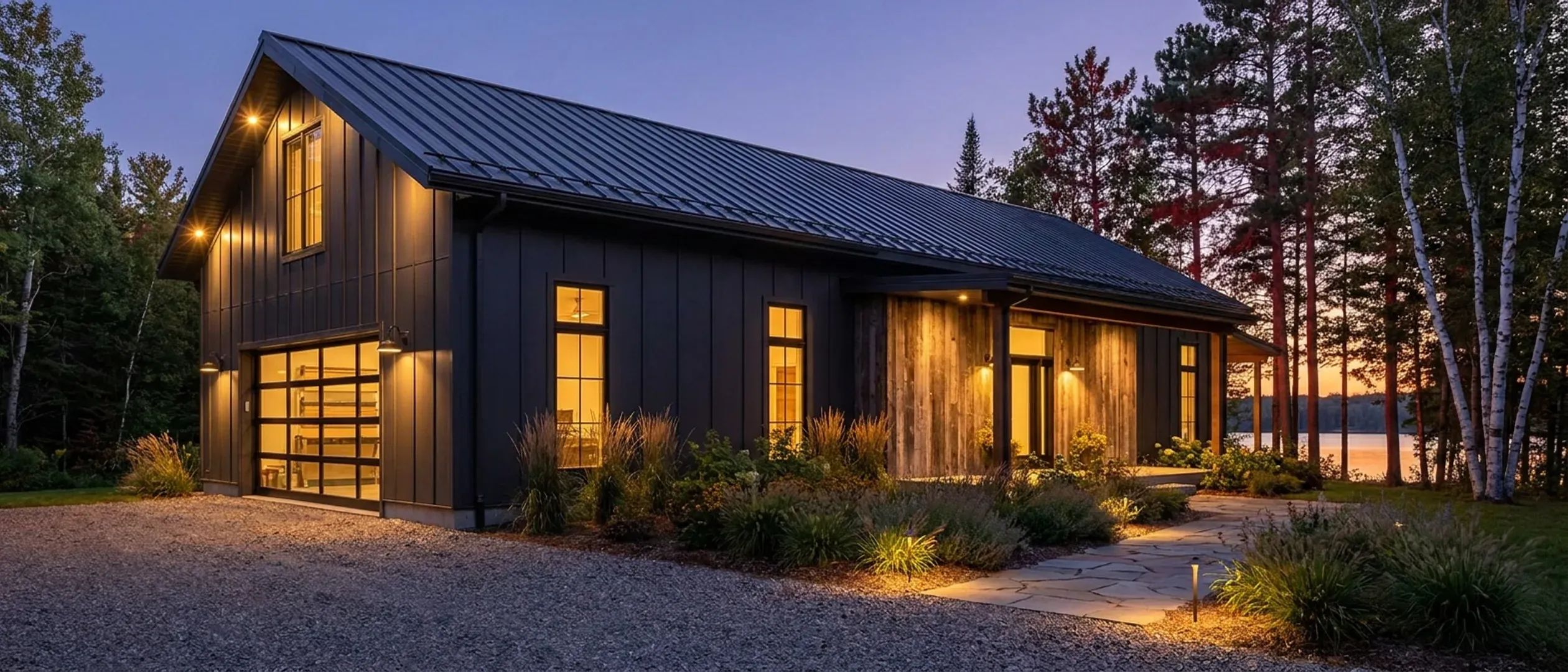 A barndominium at dusk with warm light in every window and lighting along the porch and roofline, tall pines and birches behind and a lake glinting through the trees.
