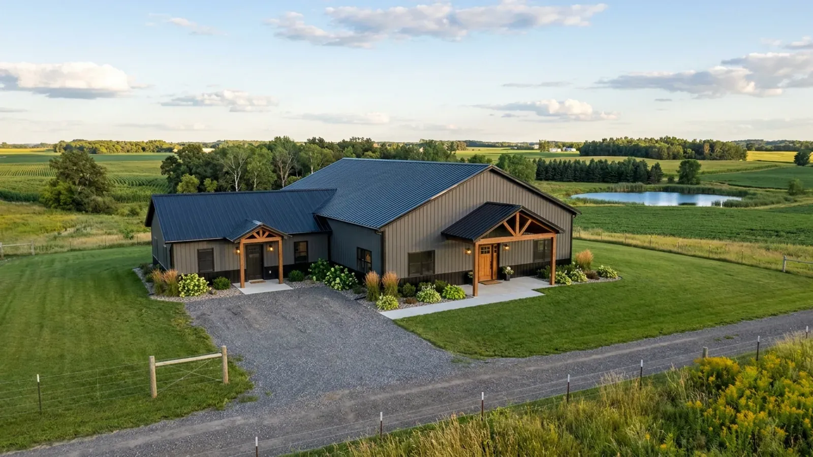 A barndominium with a smaller attached in-law suite wing that has its own separate covered entry, distinct from the main entry.