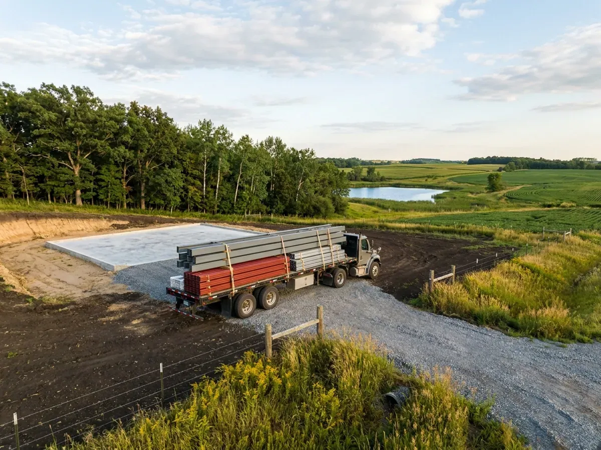 A flatbed truck loaded with banded steel frame members and roof panels beside a finished concrete slab, with an oak and aspen woodlot and a small lake behind.