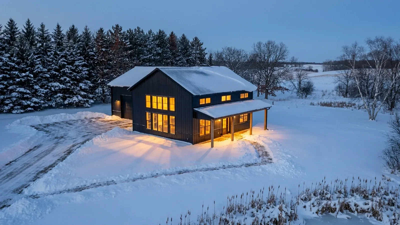 A finished barndominium at dusk in deep snow, warm light glowing through its large windows and a dark spruce windbreak behind.