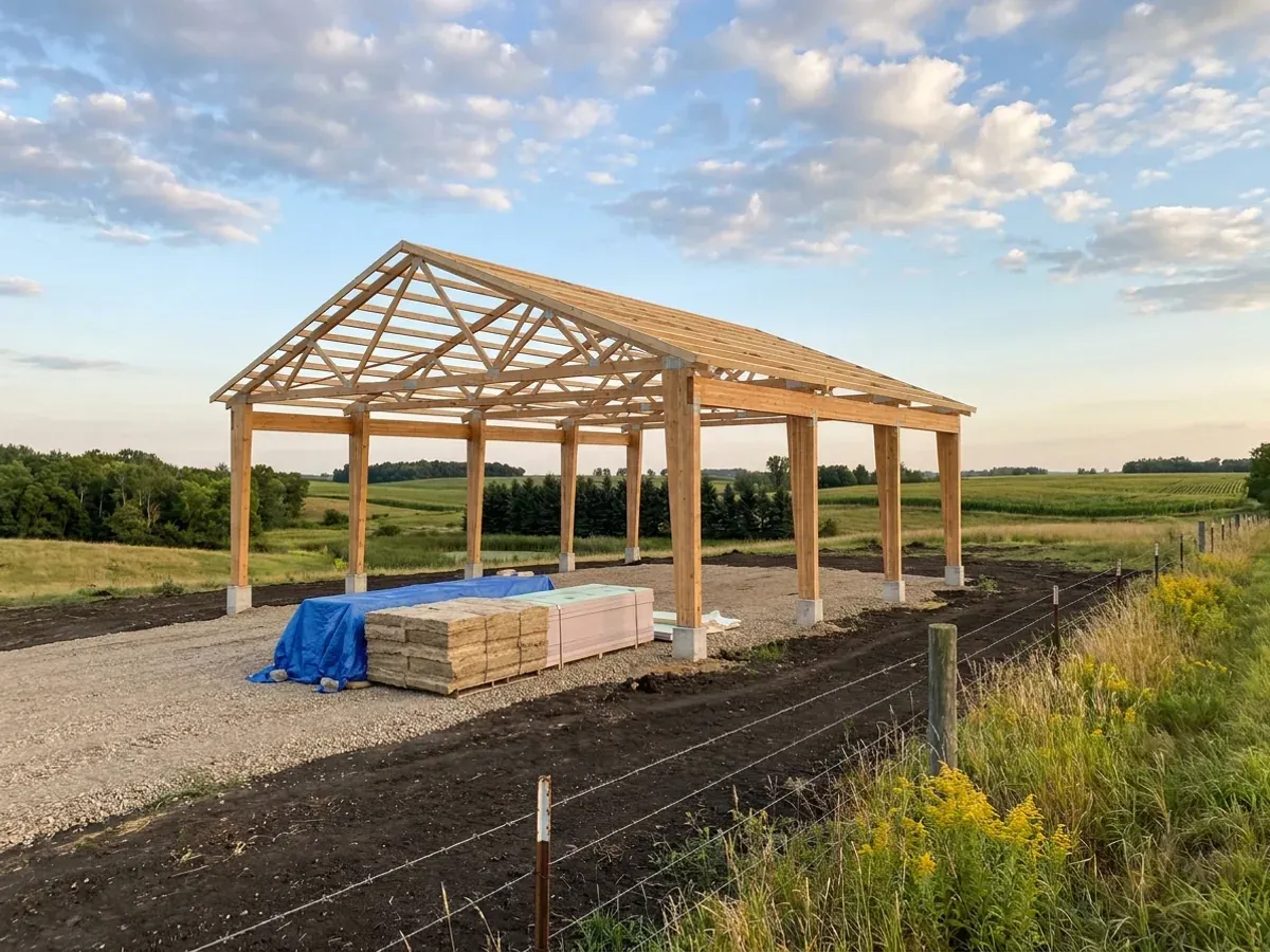 A pole barn home under construction, showing laminated timber columns on concrete piers and wide-span roof trusses with no interior bearing walls.