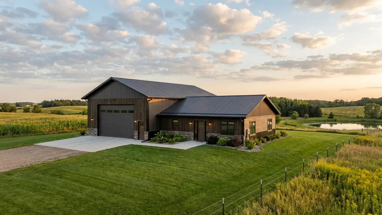 A barndominium with a tall, deep RV garage bay attached to the residence under one continuous roof.