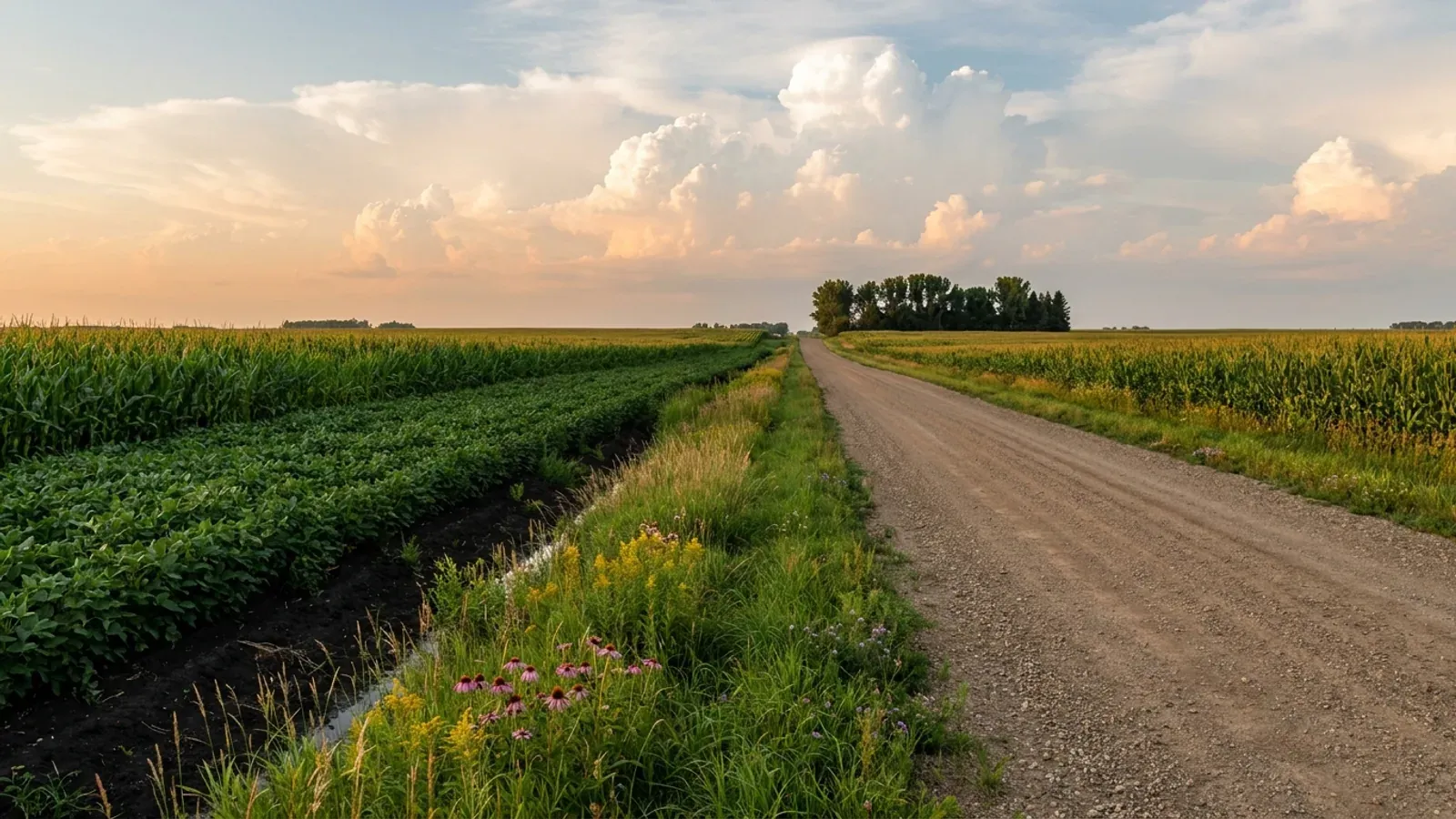 Level southern Minnesota cropland on black soil, with corn and soybean fields, a gravel road to the horizon and a distant grove windbreak under a big sky.