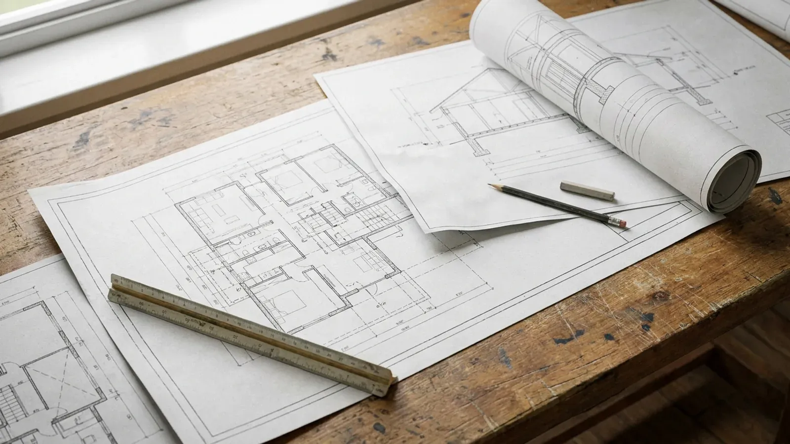 Overhead view of architectural floor plan and structural elevation drawings spread on a workbench with a scale ruler and pencil.