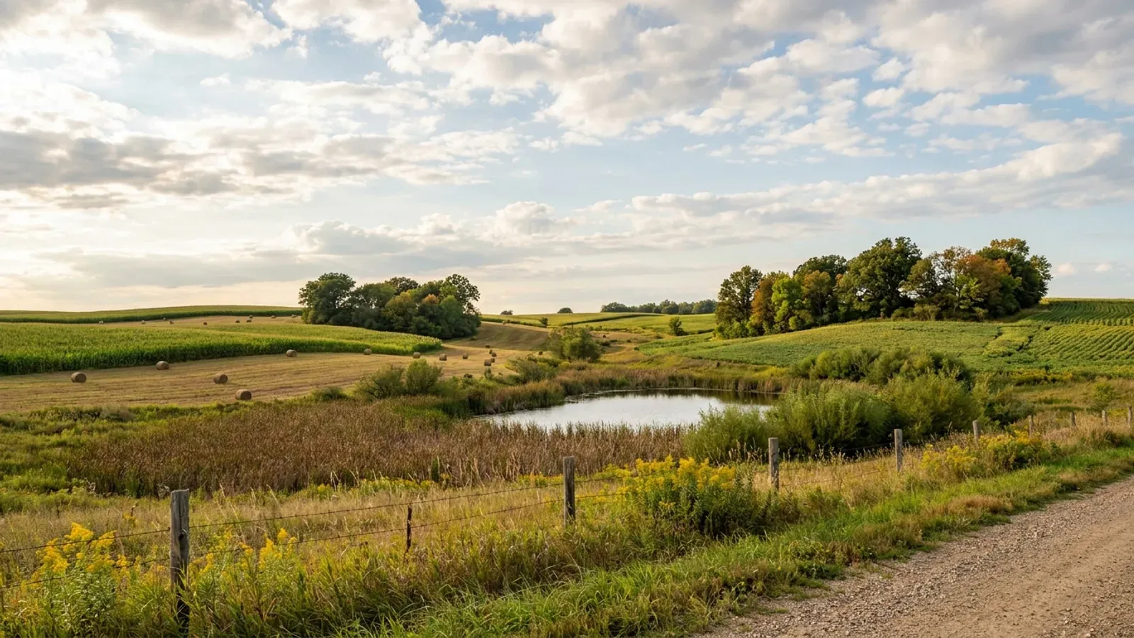 Rolling farmland at the edge of the Twin Cities metro, with corn and hay fields, oak and maple woodlots and a small cattail-ringed lake.